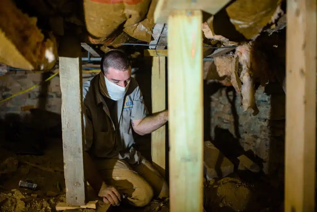 lux employee working on repairing a crawlspace