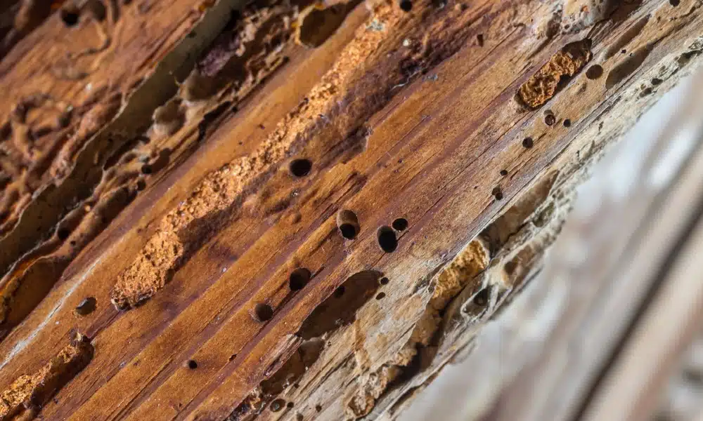 A piece of wood is full of holes and rot, which is the sign of a damaged floor joist.
