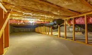 A wide, clean crawl space with visible support beams, insulated pipes, and floors demonstrates the benefits of sealing a crawl space.