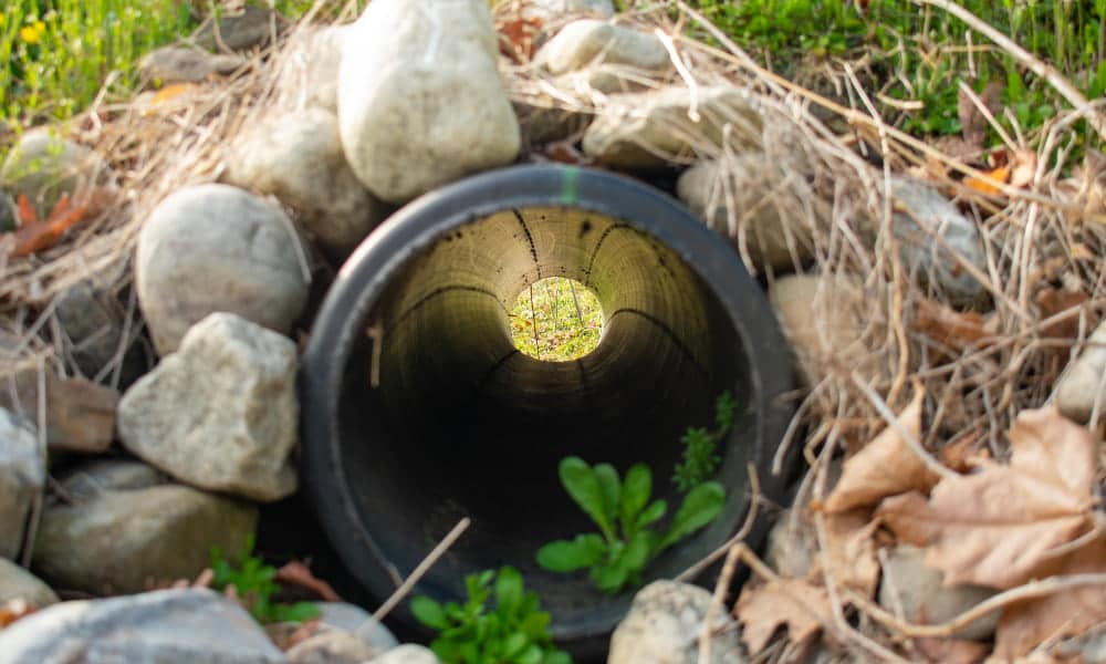 looking through a finished installation of a french drain with a black pope and rocks surrounded it