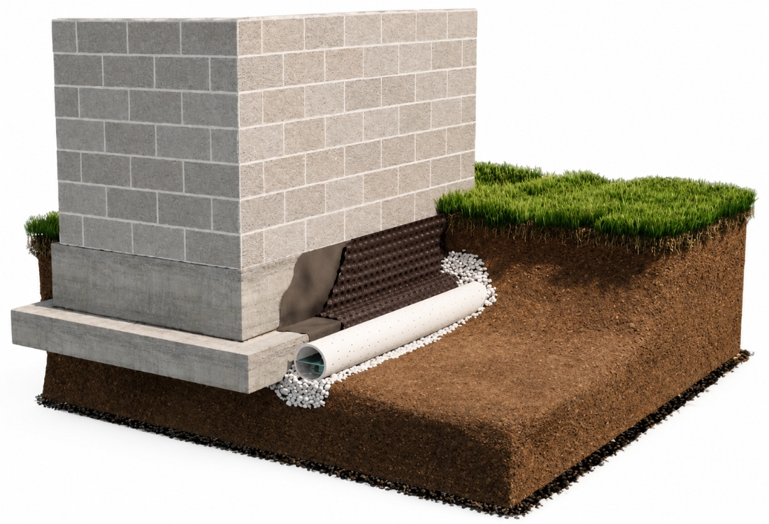 French drain diagram showing gravel, perforated pipe, and fabric layers protecting Winchester VA homes.