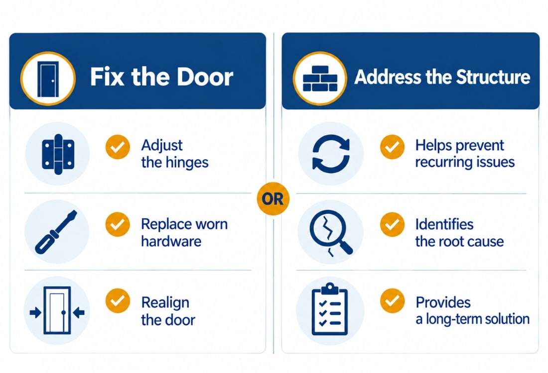 A checklist comparing when to fix the door itself versus when to address the underlying foundation problem in Fairfax, VA.