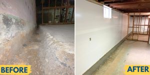 Basement waterproofing before and after in Northern Virginia, showing a water stained concrete wall and waterproofed with vapor barrier.