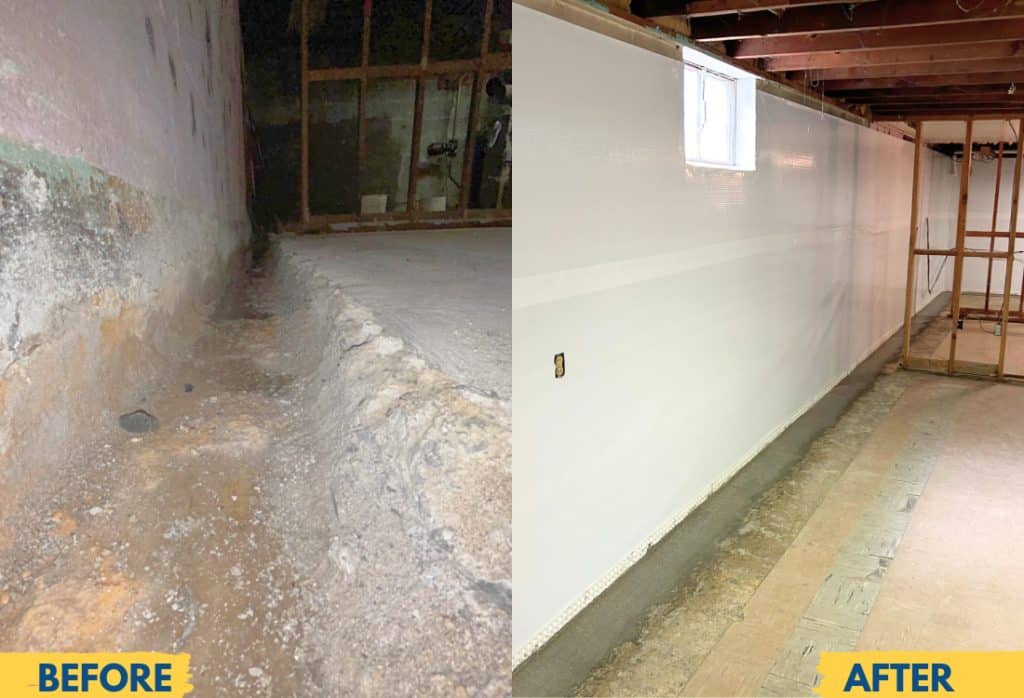 Waterproofed basement in Winchester, VA, with installed vapor barrier, and a stained concrete wall before waterproofing.
