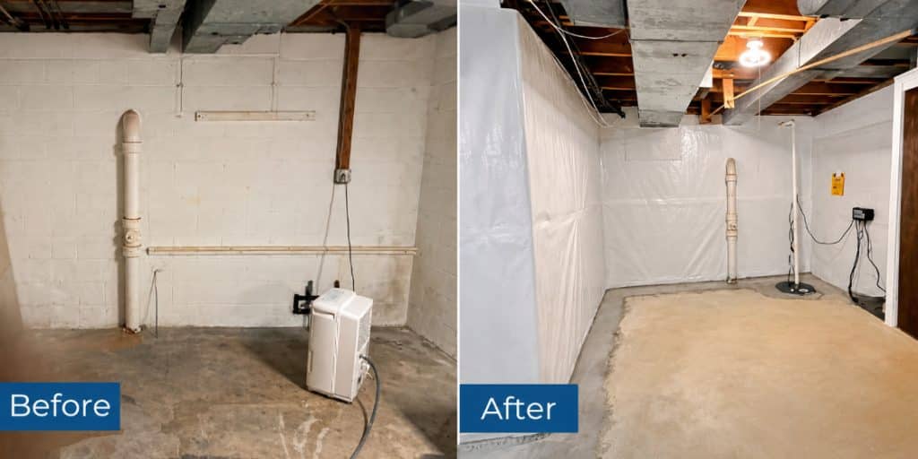 A stained floor and dehumidifier before, white vapor barrier, sump pit and new concrete after basement waterproofing in Warrenton, VA.
