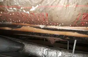 A crawl space ceiling with condensation forming, illustrating condensation as a sign of mold in crawl space in Alexandria, VA.