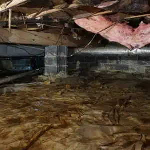 A damp and muddy crawl space with damaged vapor barrier and insulation that causes cold floor in Berkeley, WV.