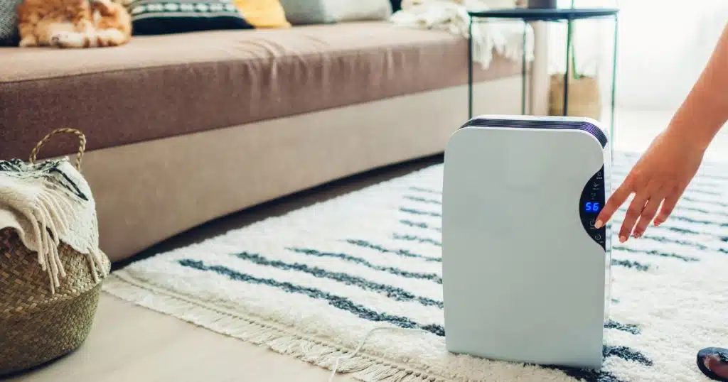 A girl turning on a dehumidifier to balance the humidity levels in her home, an indoor air quality solution in Charles Town, WV.