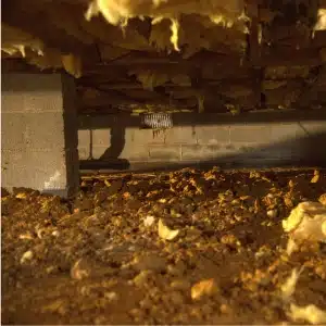 A crawl space with an exposed dirt floor and dampness that can cause high humidity in crawl space in Martinsburg, WV.