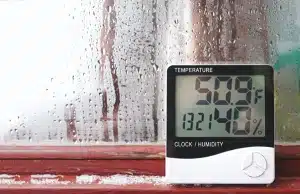 A hygrometer in a window with condensation, a high humidity levels as a sign of wet crawl space insulation in Berryville, VA.