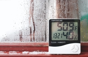 A hygrometer in the window with condensation, showing high humidity levels as a sign of floor sagging in Front Royal, VA.