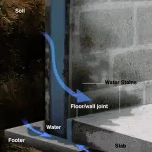 Illustration of hydrostatic pressure exerted on a foundation due to high water table, a cause of damp basement in Alexandria, VA