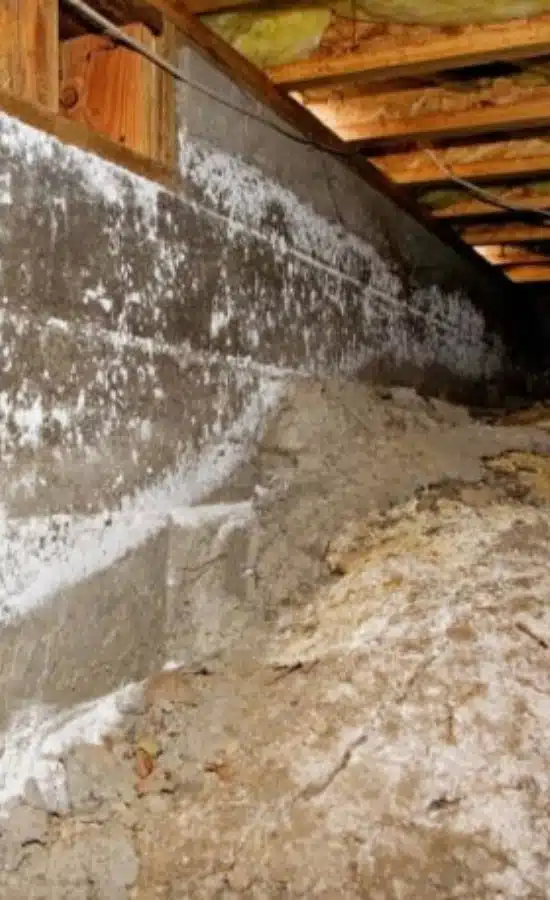 A mold growth on the dirt floor and walls, a sign of crawl space problems that require mold in crawl space removal in Northern VA.