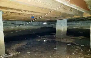 A dirty, stagnant water in crawl space that emits a musty odor, sign that there's crawl space condensation in Front Royal, VA.