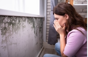A girl covering her nose while looking at mold on a wall, that emits a musty odor as a sign of a damp basement in Fairfax, VA
