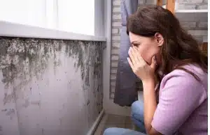 A girl covering her nose while looking at mold on a wall, that emits a musty odor as a sign of a damp basement in Fairfax, VA