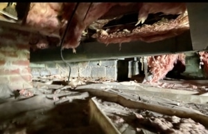 Damaged and sagging crawl space insulation, clear signs of wet crawl space insulation in Winchester, VA