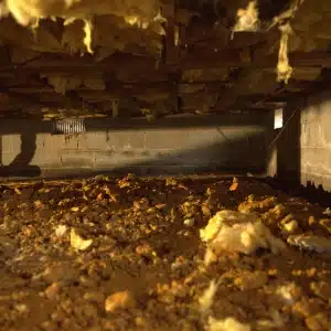 A crawl space dirt floor with visible soil moisture, illustrating as a cause of a wet or damp crawl space in Ashburn, VA.