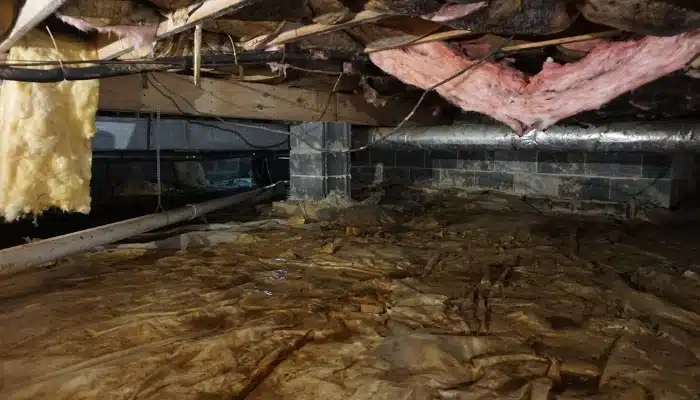 A damp and muddy crawl space with wet crawl space insulation in Northern Virginia, a symptom of underlying crawlspace problems.