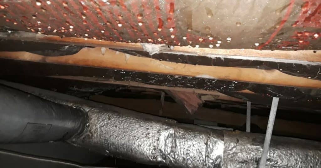 A visible condensation on the insulation and crawl space ceiling, a sign of problem with vented crawl space in Springfield, VA.