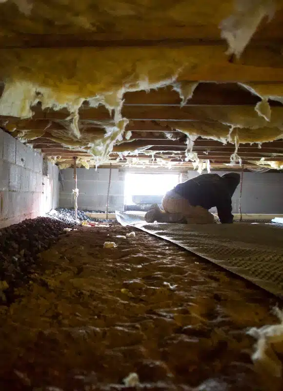 The LUX team installing crawl space waterproofing in Martinsburg, WV, to create a dry, safe, and healthy home environment.