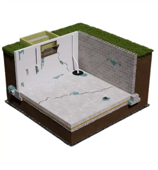 Illustration of basement wall and floor leaks, showing the need for exterior basement waterproofing in Stephens City, VA.