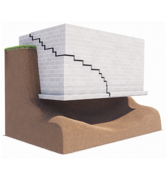 Illustration of foundation wall stair-step cracks necessitating push piers installation in Stephens City, VA.