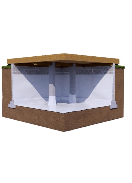 Illustration showing the installation of a basement wall vapor barrier in Fairfax, VA works.