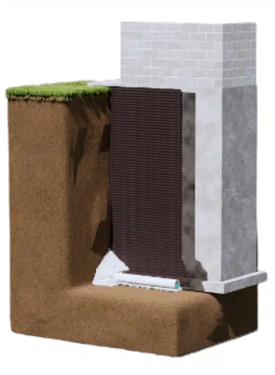 Illustration showing the function of exterior basement waterproofing in Reston, VA, in preventing moisture infiltration.