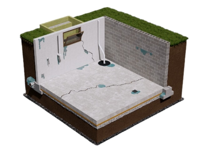 Illustration showing water intrusion seeping into cracks in basement, necessitating a basement sump pump in Berryville, VA.