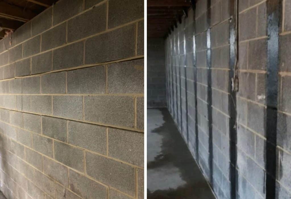 Before and after image of carbon fiber foundation repair in Gainesville, VA, showing the effectiveness it on basement walls.