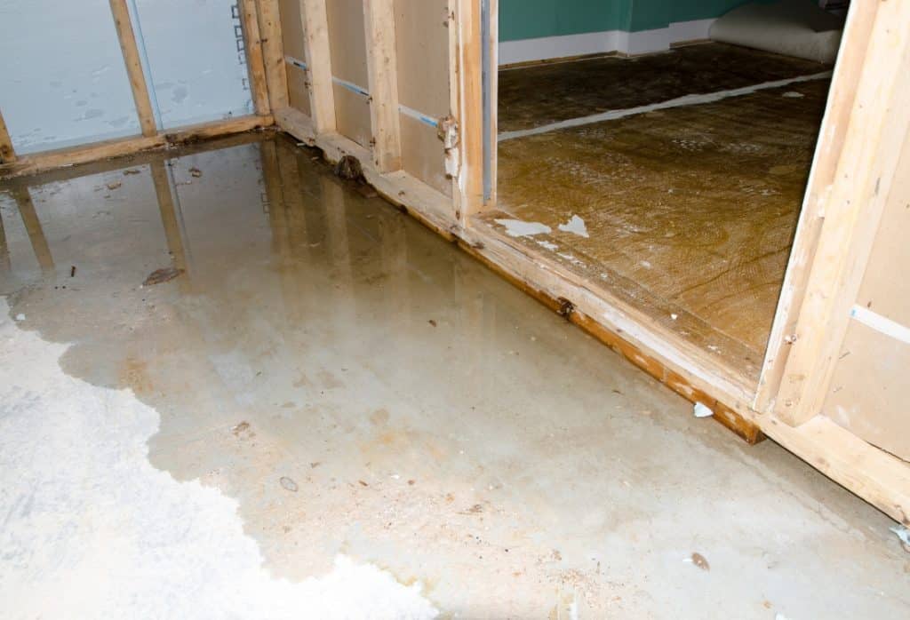 Wet basement with water puddles on floors and leaks that indicate the need for a waterproofing service.