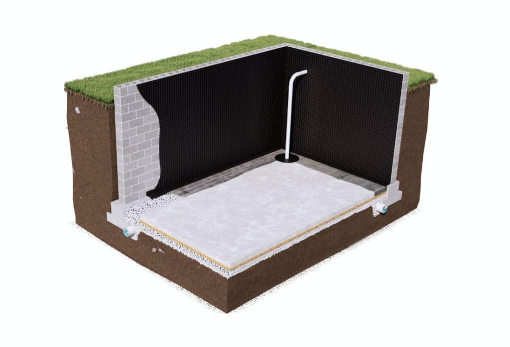 Illustration of how the interior basement waterproofing method works.