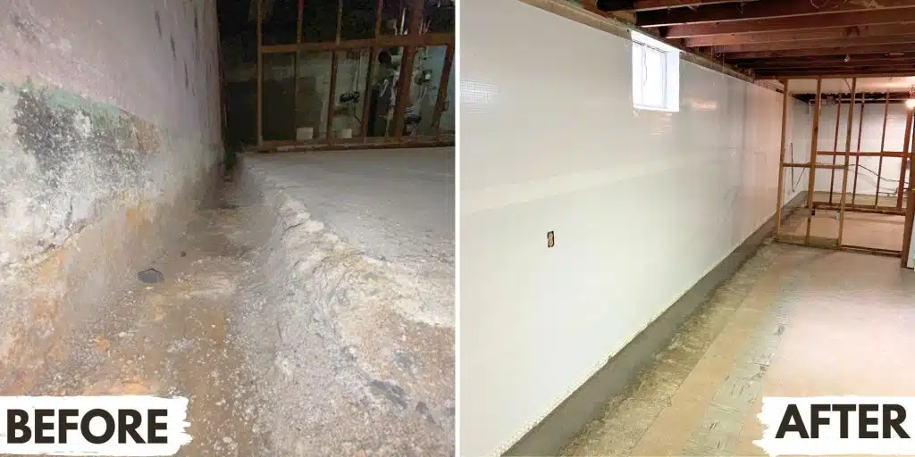 A before and after image of a basement waterproofing project in Winchester, VA.