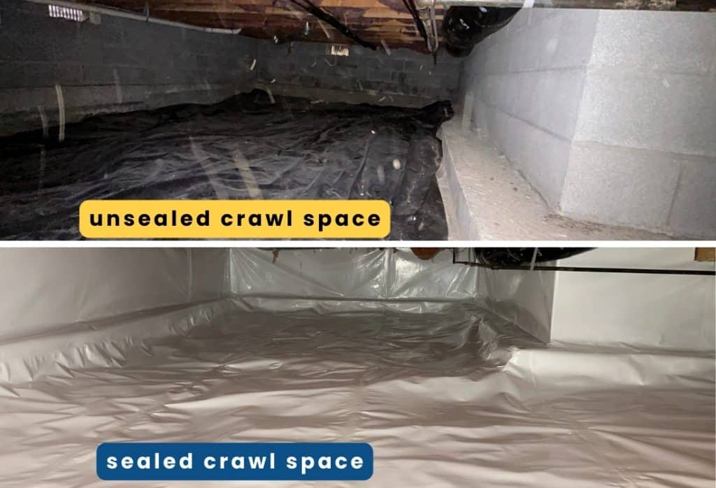 Sealed crawl space with a vapor barrier (white) to control moisture and prevent mold.