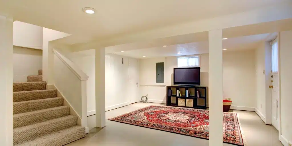 A dry, well-maintained basement with waterproofing features.