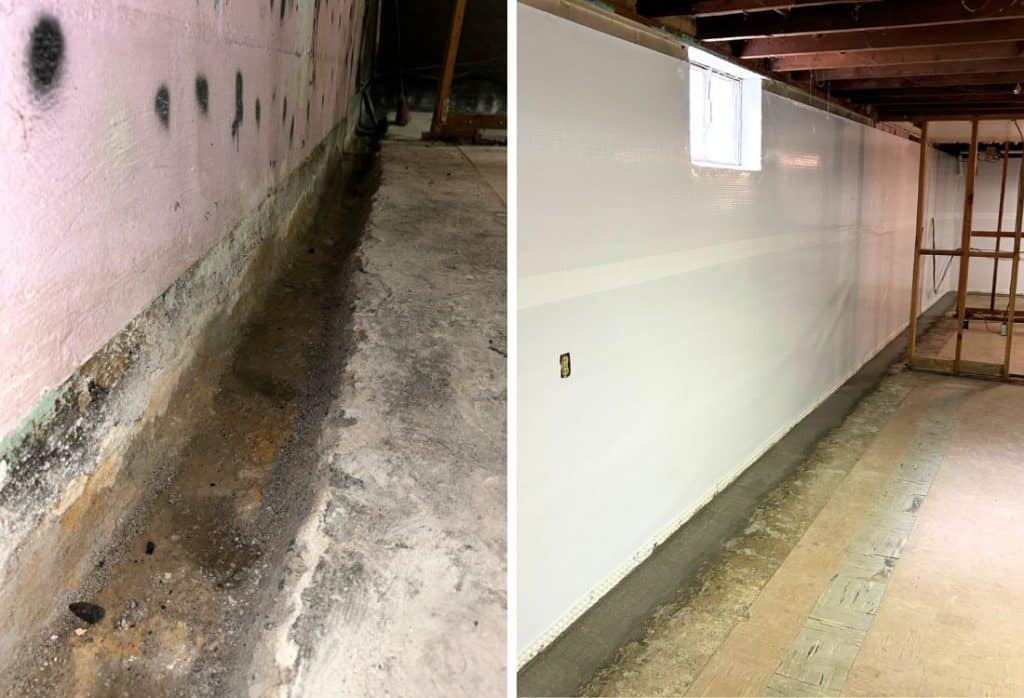 Before-and-after photos showcase the transformation of a basement through professional waterproofing services in Northern Virginia.