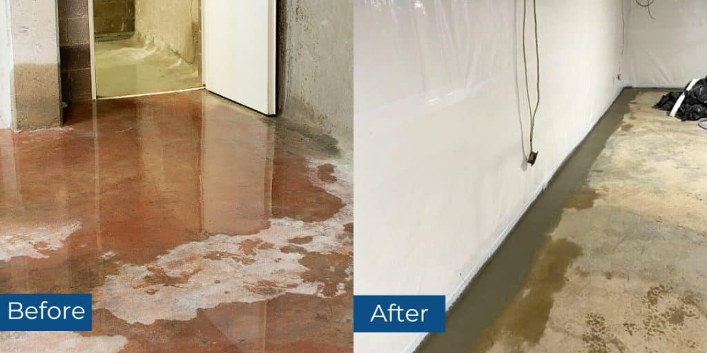 Before and after photos of interior basement waterproofing in Boyce, VA, showing improved water protection and stability.