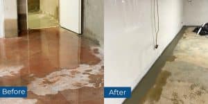 Before and after photos of interior basement waterproofing in Boyce, VA, showing improved water protection and stability.