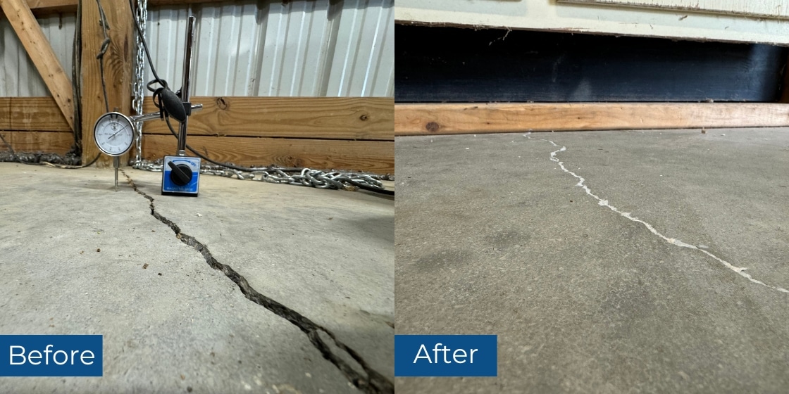 Before and after images of polyurethane concrete lifting and repair at Maintenance Facility in Middletown, VA.