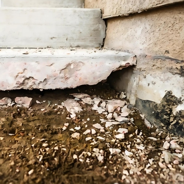 Porch steps with cracks and a void beneath, indicating soil settlement as a cause of a sunken porch in Gainesville, VA.