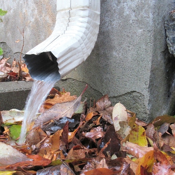 Downspout releasing water near the pool deck's foundation, showing drainage issues causes a sunken pool deck in Gainesville, VA.