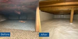 Before and after photos of a crawl space encapsulation and mold remediation in Winchester, VA, showing a clean, sealed space.