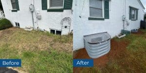 Before and after photos of egress window well installation in Bentonville, VA, showing improved basement safety and drainage.