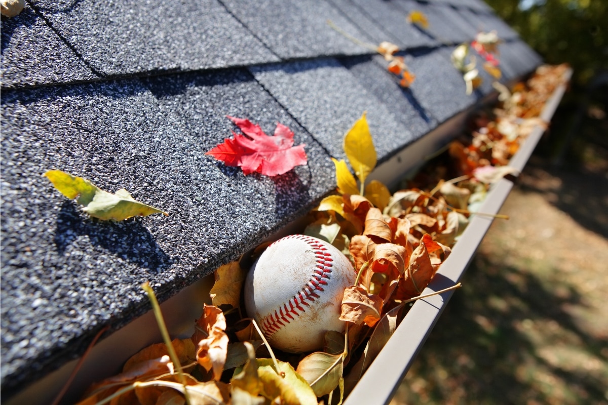 Leaves clogged gutters in Brambleton, VA, causing poor drainage systems and basement water damage.