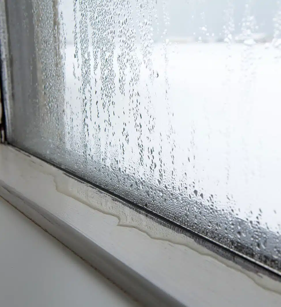 Window with water seepage from condensation, highlighting the need for basement waterproofing solutions in Northern Virginia.