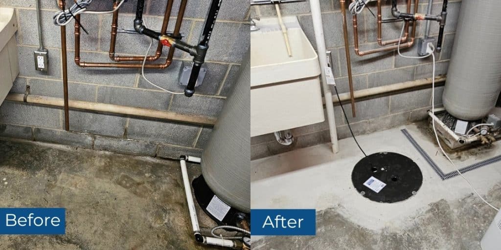Before and after photos of basement waterproofing and fixing a leaking basement in Fort Valley, VA, showcasing moisture control.