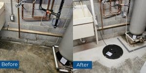 Before and after photos of basement waterproofing and fixing a leaking basement in Fort Valley, VA, showcasing moisture control.
