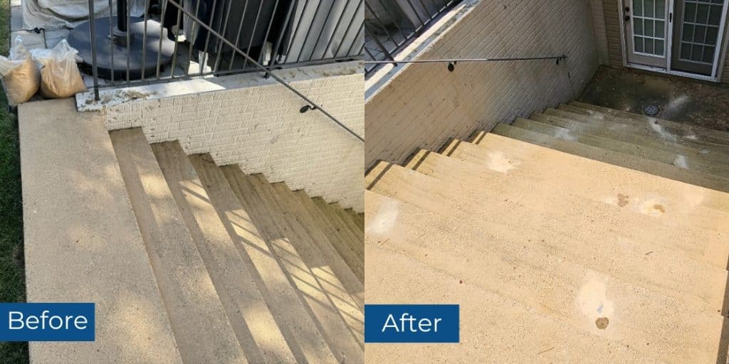 Before and after photos of stairway repair using concrete void filling foam in Alexandria, VA, showing improved stability.