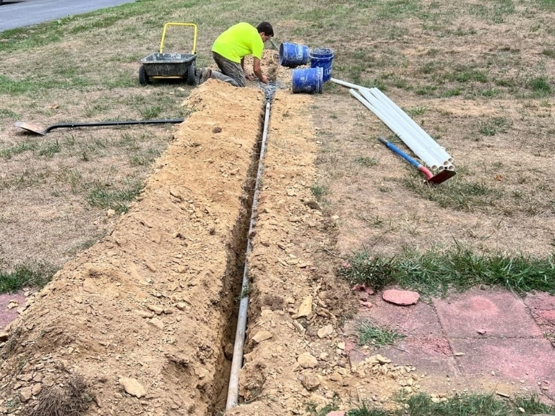 French drain installation in Middletown, VA, to prevent exterior water from leaking into the basement and groundwater buildup.